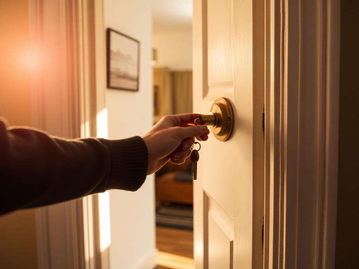 Illustration of a hand opening the door to a home